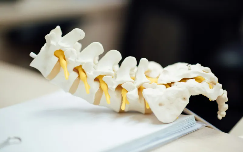 An anatomical model of the lower spine on a desk